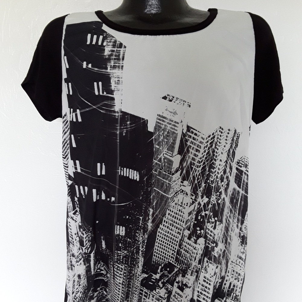 B'leev women top t-shirt blouse short sleeve black white womens size L